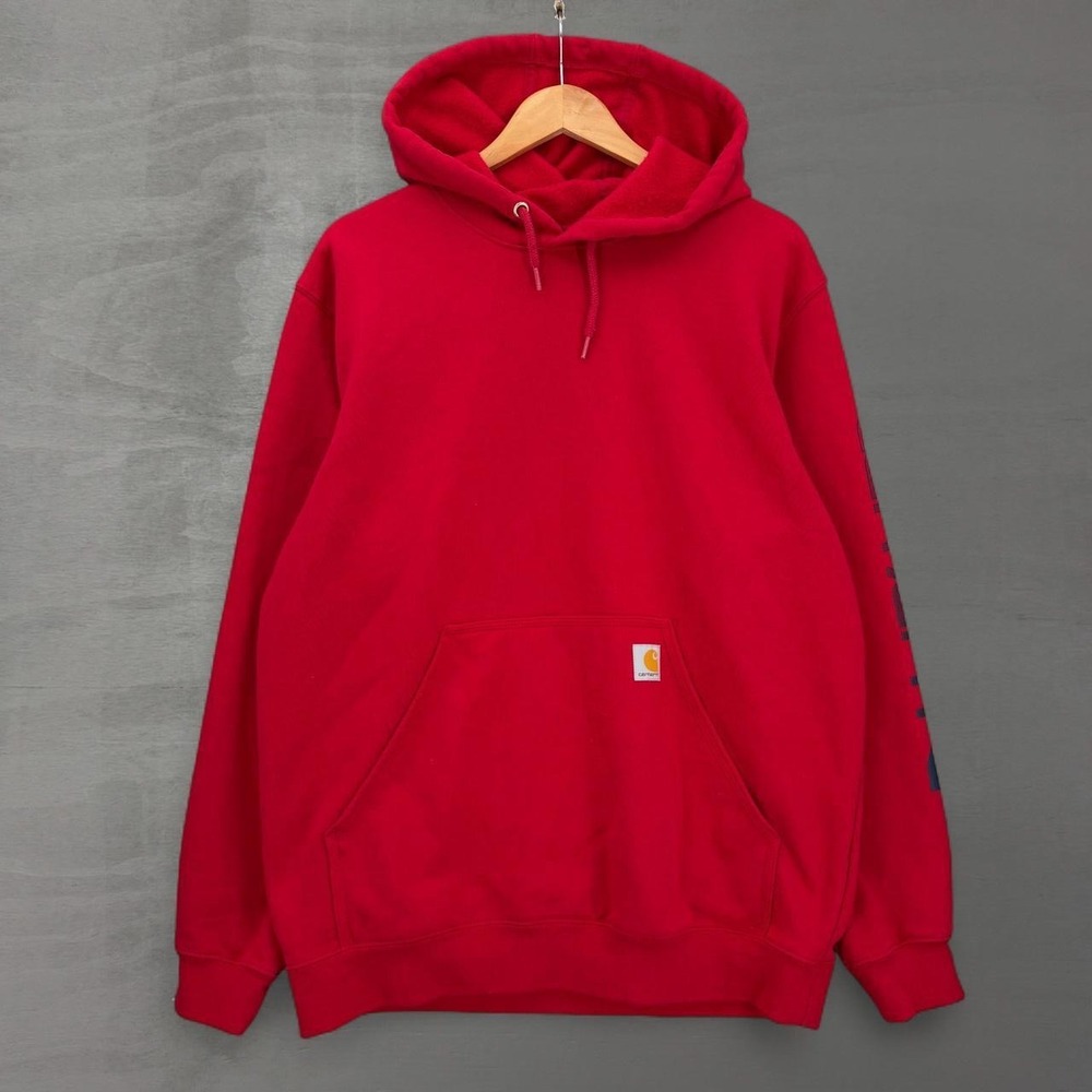 Carhartt Hoodie Red Logo Sleeve Loose Fit Midweight Pullover Large